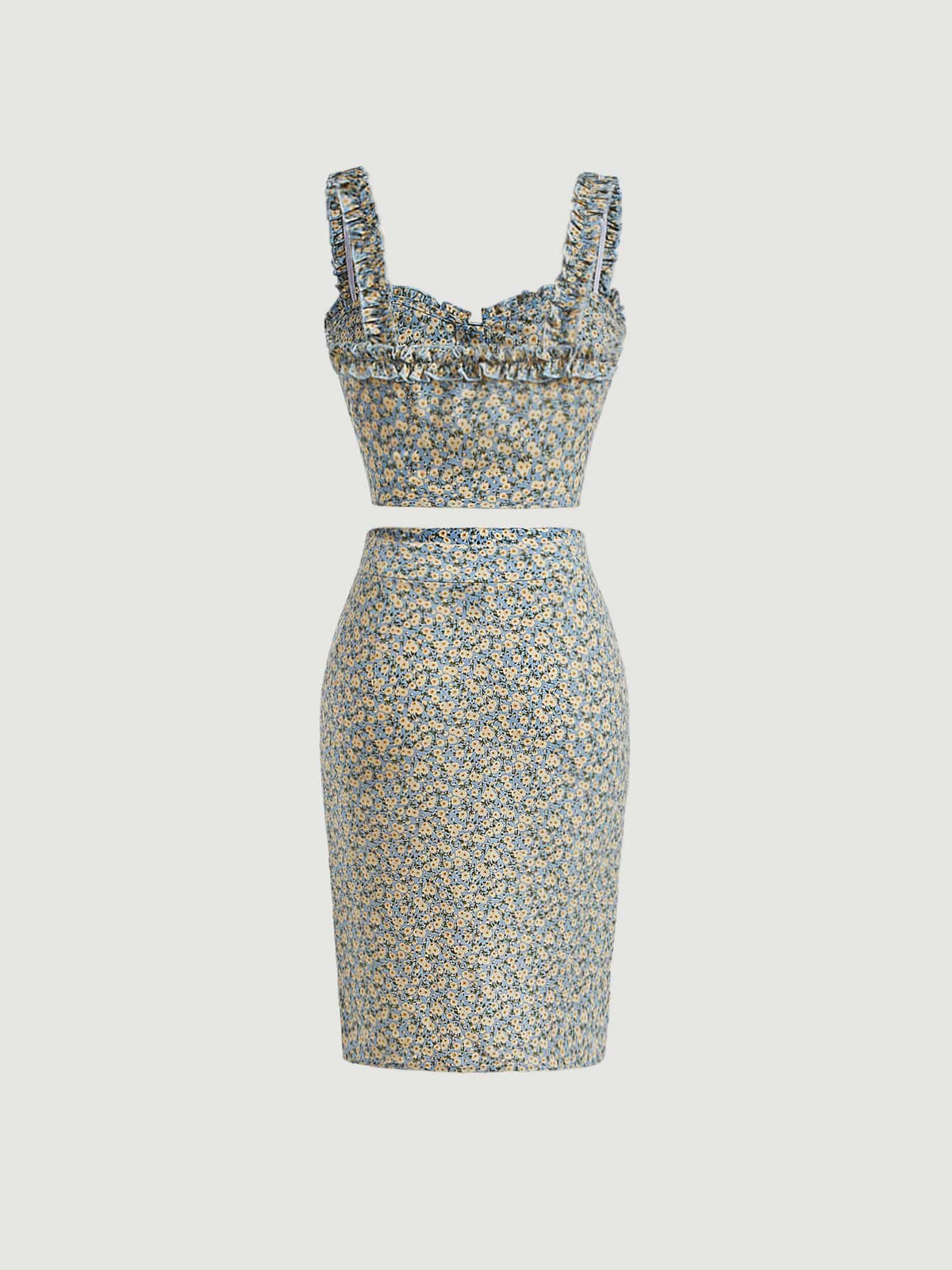 Ditsy Floral Frill Trim Cami Top & Drawstring Split Hem Skirt