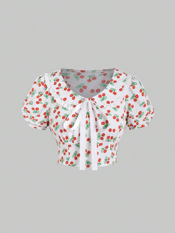 MOD Ditsy Floral Print Puff Sleeve Blouse For Summer
