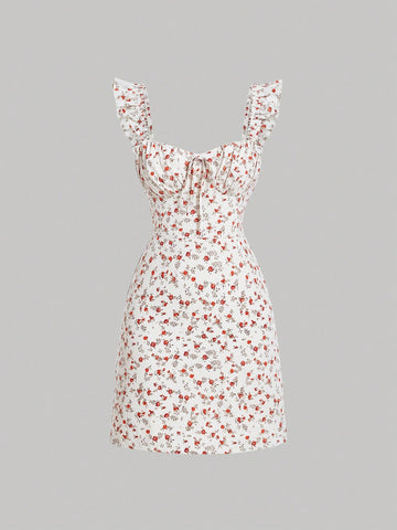 MOD Ditsy Floral Print Tie Front Ruffle Trim Dress