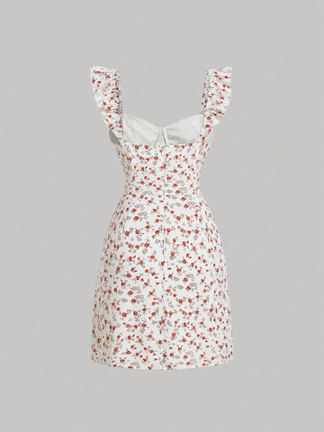 MOD Ditsy Floral Print Tie Front Ruffle Trim Dress