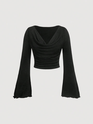 Draped Collar Trumpet Sleeve Crop Tee