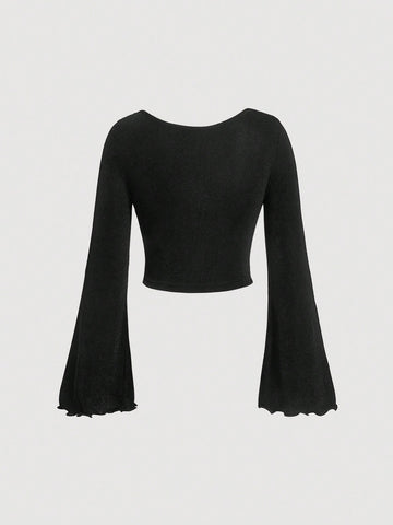 Draped Collar Trumpet Sleeve Crop Tee
