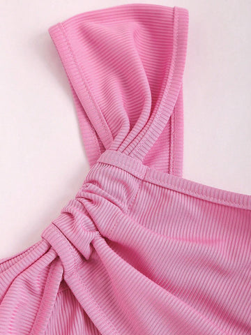 Drawstring One Shoulder Hollow Out Pleated Bodysuit