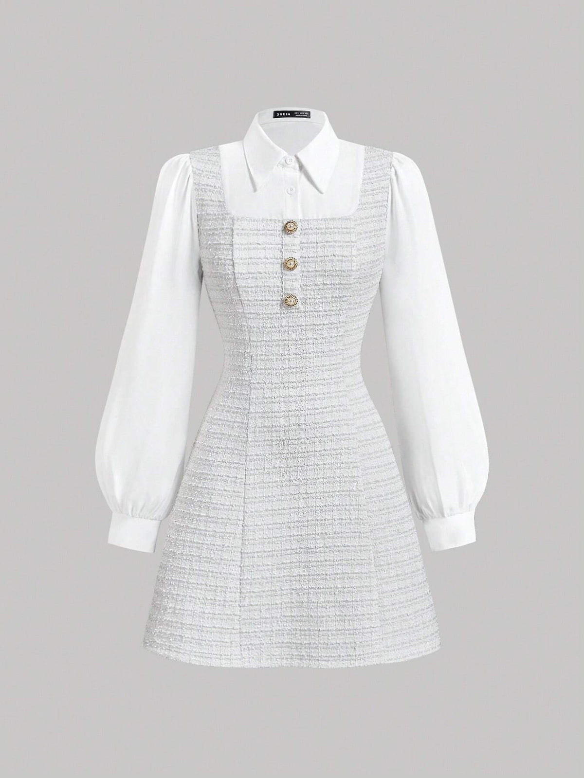 Elegant Long Sleeve Patchwork Dress With Collar, Contrast Color Check Print