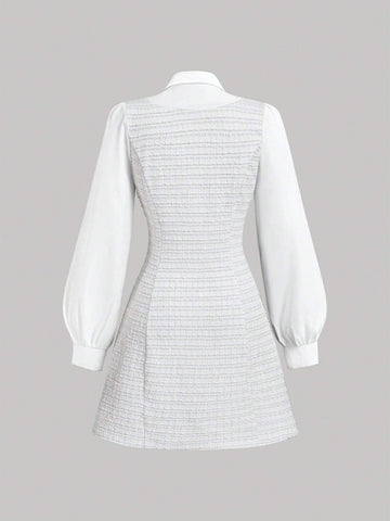Elegant Long Sleeve Patchwork Dress With Collar, Contrast Color Check Print