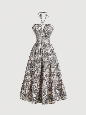 Elegant Plant Printed Halter Neck Long Women's Holiday Dress