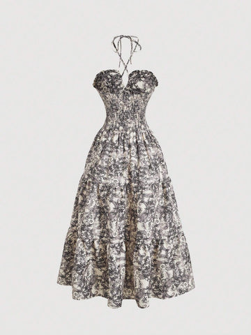 Elegant Plant Printed Halter Neck Long Women's Holiday Dress