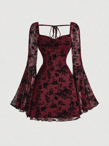 Elegant Ruched Bust Flare Sleeve Flocked-Jacquard Dress