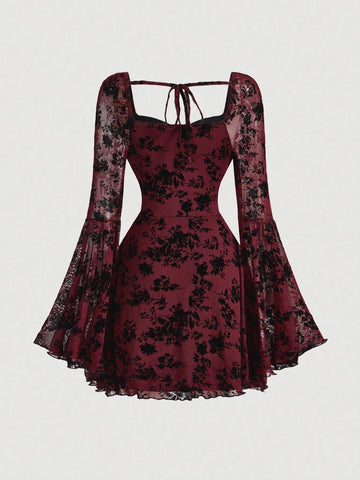 Elegant Ruched Bust Flare Sleeve Flocked-Jacquard Dress