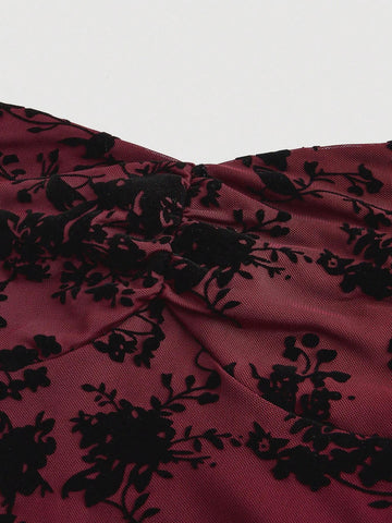 Elegant Ruched Bust Flare Sleeve Flocked-Jacquard Dress