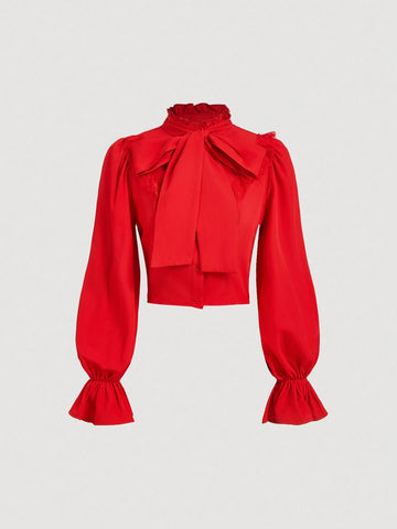 MOD Elegant Solid Color Tie Collar Bell Sleeve Blouse For Autumn