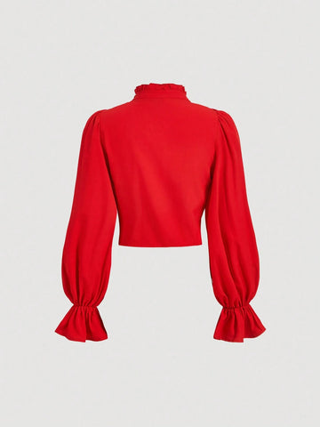 MOD Elegant Solid Color Tie Collar Bell Sleeve Blouse For Autumn