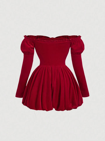 Fall Women's Big Bow Red Off-Shoulder Cloud Pattern Jumpsuit, Disco,Pirate, Velvet,Palace Party, Cute Sweetheart,Halloween ,Christmas Cloud Jumpsuit,