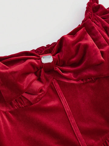 Fall Women's Big Bow Red Off-Shoulder Cloud Pattern Jumpsuit, Disco,Pirate, Velvet,Palace Party, Cute Sweetheart,Halloween ,Christmas Cloud Jumpsuit,