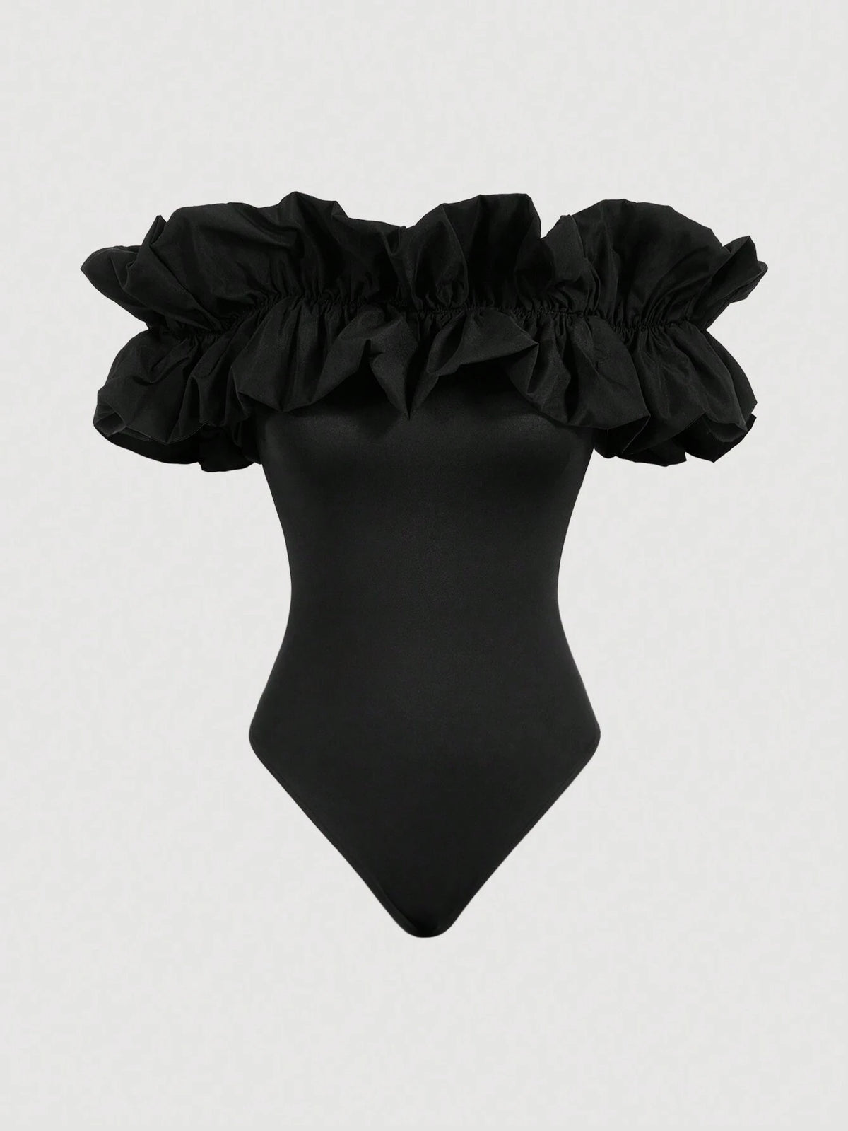 Fashionable And Versatile Black Strapless Bodysuit With Ruffled Neckline, Slim-Fit, Flattering For Women