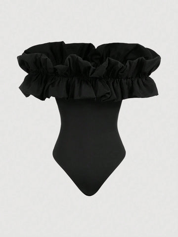 Fashionable And Versatile Black Strapless Bodysuit With Ruffled Neckline, Slim-Fit, Flattering For Women