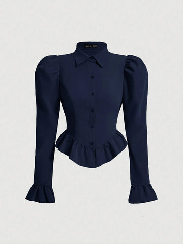 MOD Flare Sleeve Ruffle Hem Navy Waisted Shirt