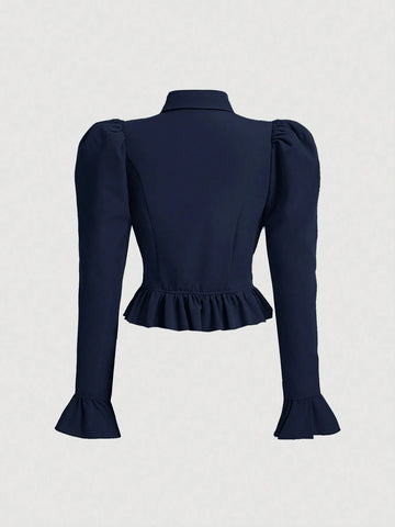 MOD Flare Sleeve Ruffle Hem Navy Waisted Shirt