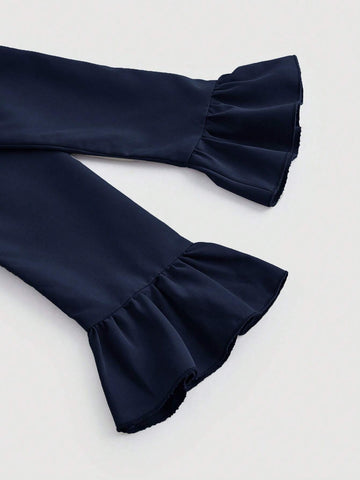 MOD Flare Sleeve Ruffle Hem Navy Waisted Shirt