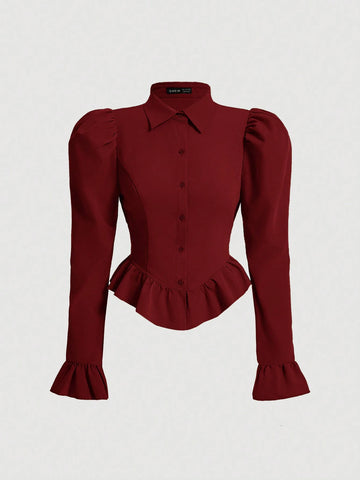 MOD Flare Sleeve Ruffle Hem Puff Sleeve Burgundy Waisted Blouse
