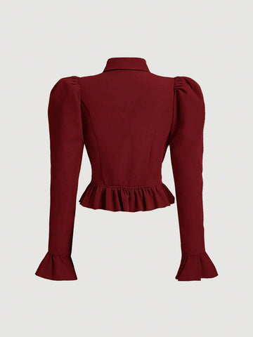 MOD Flare Sleeve Ruffle Hem Puff Sleeve Burgundy Waisted Blouse