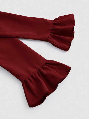 MOD Flare Sleeve Ruffle Hem Puff Sleeve Burgundy Waisted Blouse