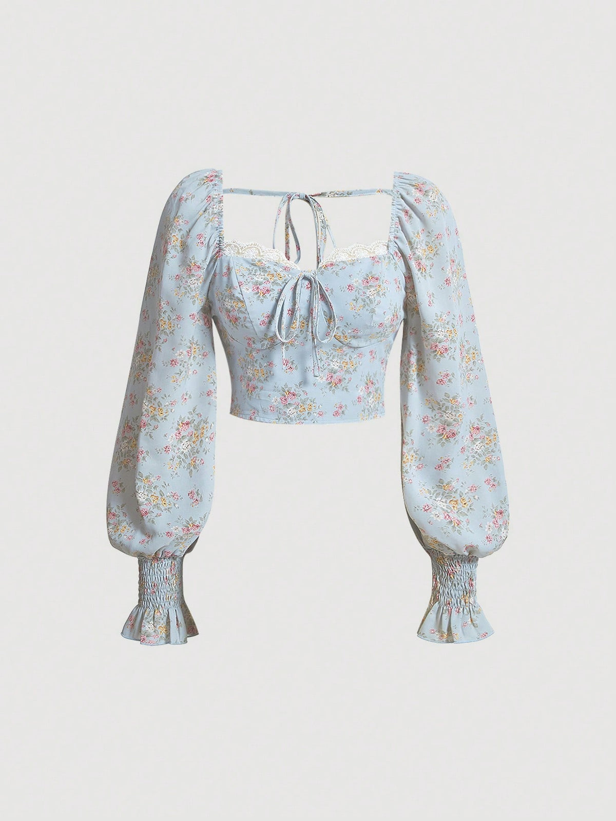 Floral Print Knot Front Flare Sleeve Crop Blouse