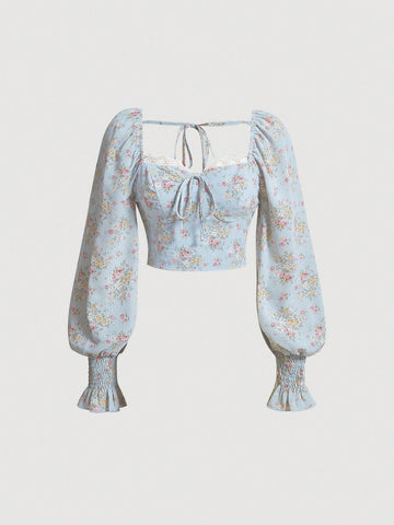Floral Print Knot Front Flare Sleeve Crop Blouse