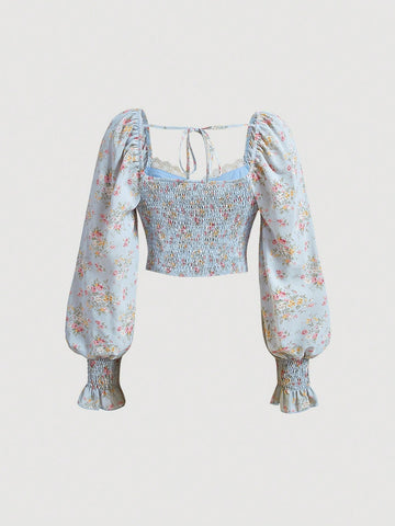 Floral Print Knot Front Flare Sleeve Crop Blouse