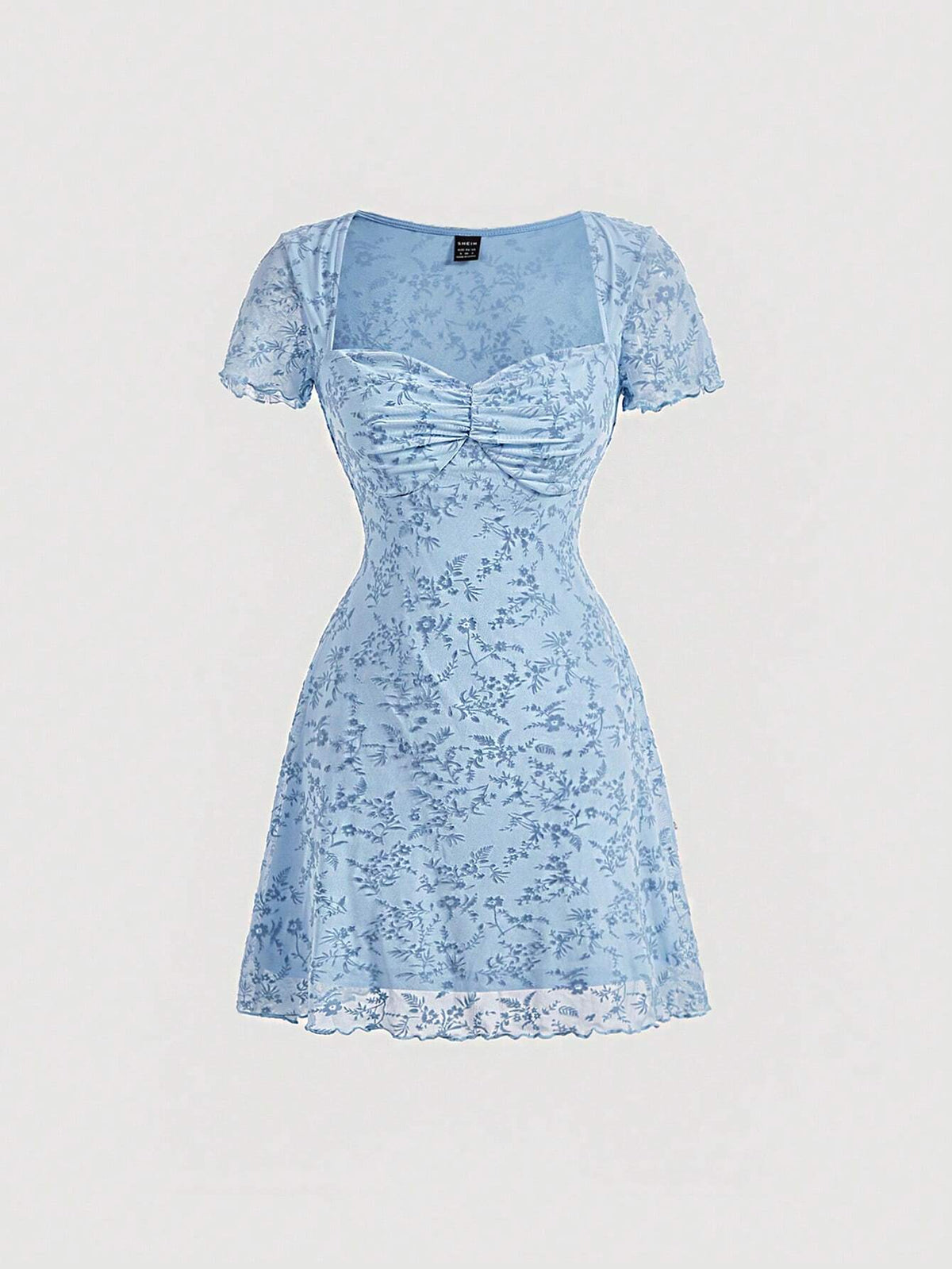 Floral Print Ruched Bust Palace Square Collar Flocking Blue Dress