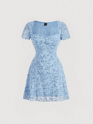 Floral Print Ruched Bust Palace Square Collar Flocking Blue Dress