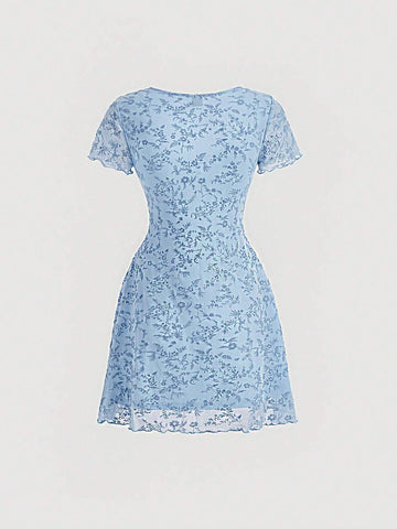 Floral Print Ruched Bust Palace Square Collar Flocking Blue Dress