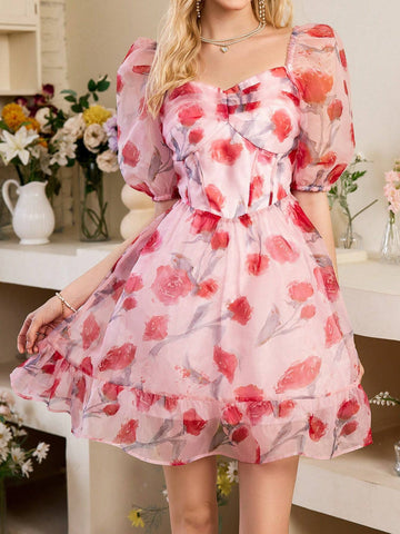 Floral Print Short Sleeve Summer Dress For Women