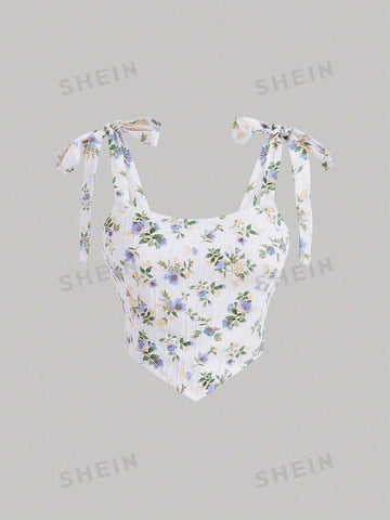 Floral Printed Bow Strap Cami Top And Skirt Two Piece Set