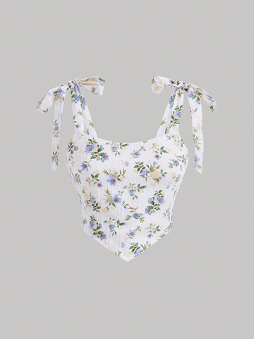 Floral Printed Bow Strap Cami Top And Skirt Two Piece Set