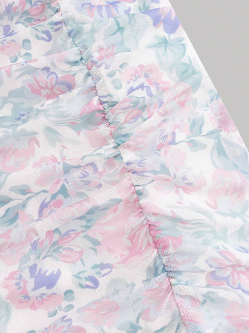 Flounce Trim Flower Printed Cami Top And Slit Hem Midi Skirt Set