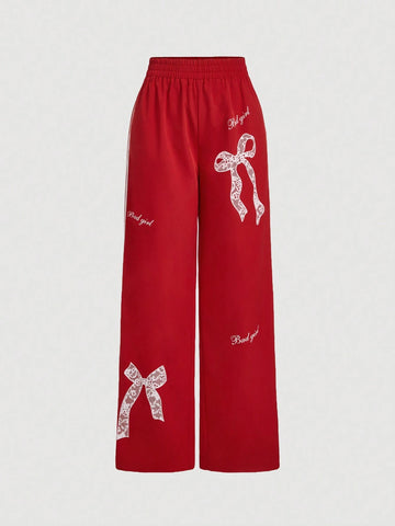 MOD Front Bow Knot Print Side Ribbon Decorated Red Sports Pants