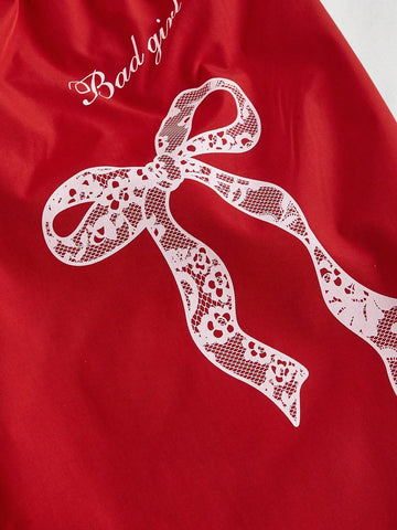 MOD Front Bow Knot Print Side Ribbon Decorated Red Sports Pants