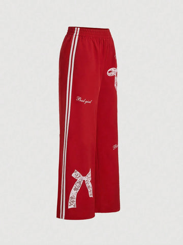 MOD Front Bow Knot Print Side Ribbon Decorated Red Sports Pants