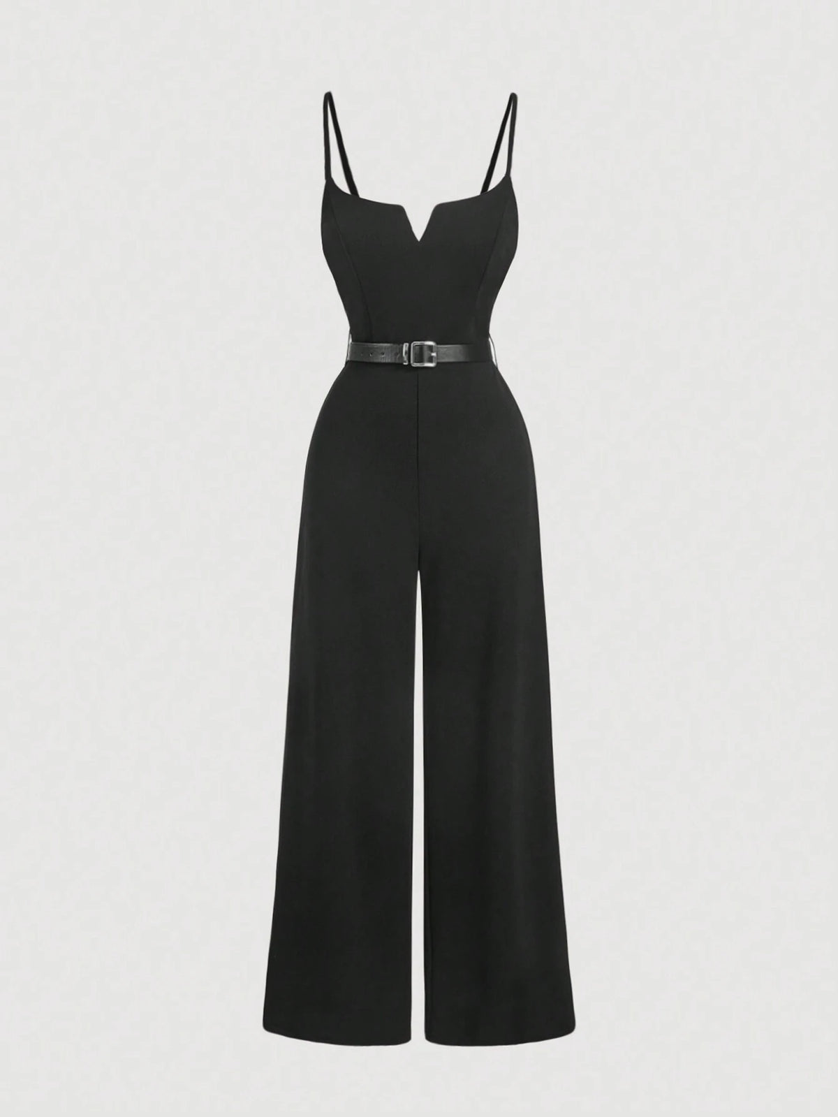 Front V-Neck Waist Belt Decor Black Wide Leg Pants,Wide Leg Jumpsuit,Wedding Women Jumpsuit,Fall/Winter Jumpsuit,Teacher Clothes,Old Money Style Jumpsuit,Business Casual Jumpsuit,Brunch Jumpsuit,Going Out Jumpsuit,Formal Jumpsuit