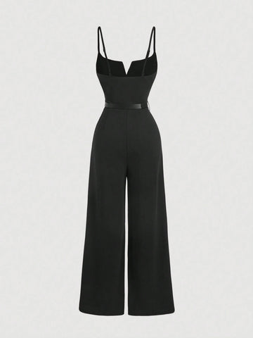 Front V-Neck Waist Belt Decor Black Wide Leg Pants,Wide Leg Jumpsuit,Wedding Women Jumpsuit,Fall/Winter Jumpsuit,Teacher Clothes,Old Money Style Jumpsuit,Business Casual Jumpsuit,Brunch Jumpsuit,Going Out Jumpsuit,Formal Jumpsuit