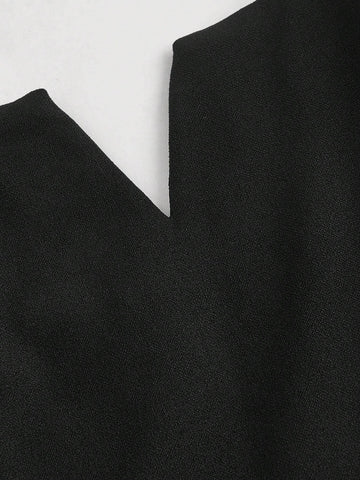 Front V-Neck Waist Belt Decor Black Wide Leg Pants,Wide Leg Jumpsuit,Wedding Women Jumpsuit,Fall/Winter Jumpsuit,Teacher Clothes,Old Money Style Jumpsuit,Business Casual Jumpsuit,Brunch Jumpsuit,Going Out Jumpsuit,Formal Jumpsuit