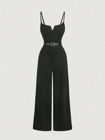 Front V-Neck Waist Belt Decor Black Wide Leg Pants,Wide Leg Jumpsuit,Wedding Women Jumpsuit,Fall/Winter Jumpsuit,Teacher Clothes,Old Money Style Jumpsuit,Business Casual Jumpsuit,Brunch Jumpsuit,Going Out Jumpsuit,Formal Jumpsuit
