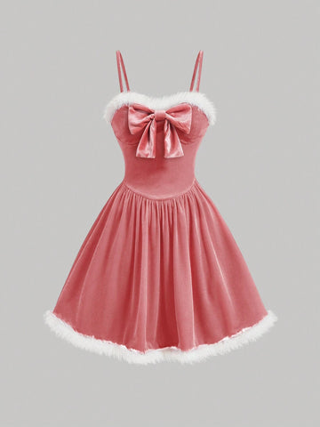 Fur Collar Bow Detached Hem Velvet Red Cami Dress
