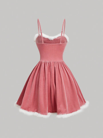 Fur Collar Bow Detached Hem Velvet Red Cami Dress