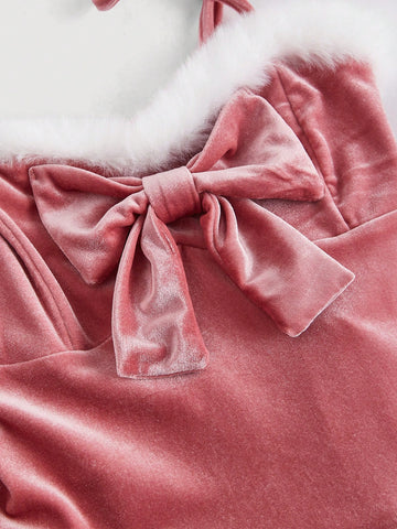 Fur Collar Bow Detached Hem Velvet Red Cami Dress