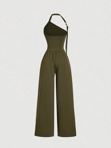 Green Plunging Neckline Ruched Jumpsuit For Women, Back To School Clothes, Fall Women Clothes, Business Women Clothes, Halloween Jumpsuit, Women Frenchies Elegant, Business Women Clothes