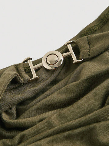 Green Plunging Neckline Ruched Jumpsuit For Women, Back To School Clothes, Fall Women Clothes, Business Women Clothes, Halloween Jumpsuit, Women Frenchies Elegant, Business Women Clothes