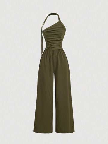 Green Plunging Neckline Ruched Jumpsuit For Women, Back To School Clothes, Fall Women Clothes, Business Women Clothes, Halloween Jumpsuit, Women Frenchies Elegant, Business Women Clothes