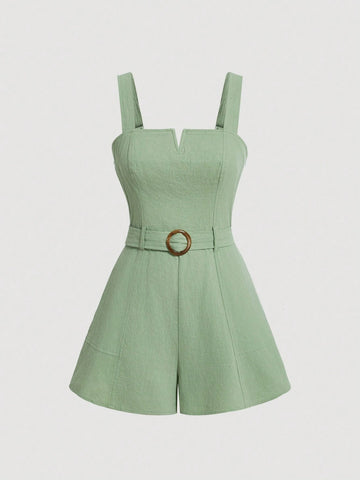 Green V-Neck Collar, Contrast Stitching, Oblique Insert Pocket, Wide Leg Jumpsuit With Retro Belt Decoration, Short Version, Suitable For Spring And Summer
